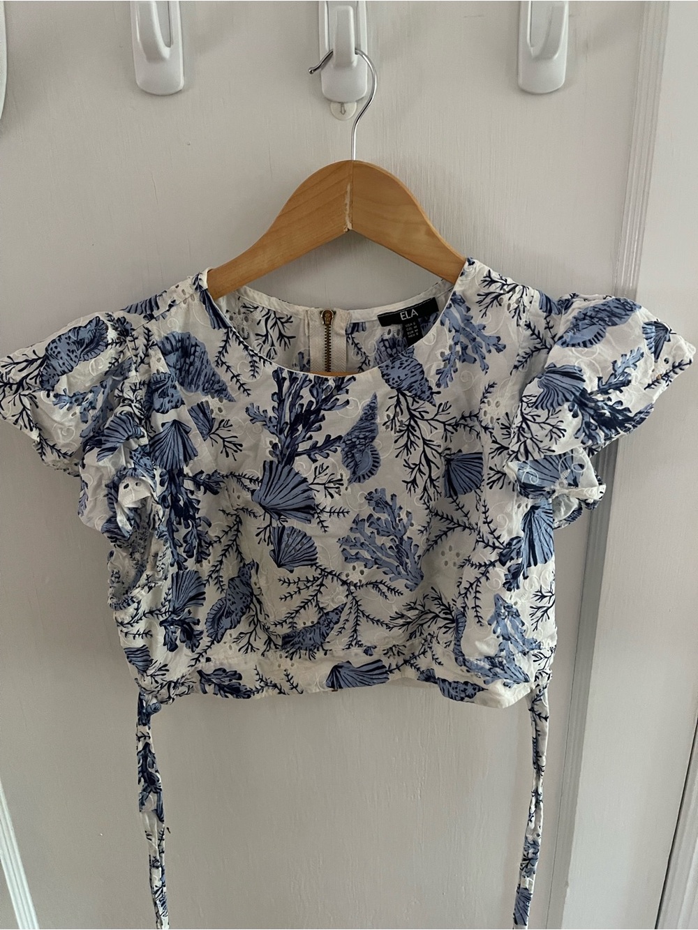 ELA White Crop Top with Blue Sea Floral Print and Tie Waist